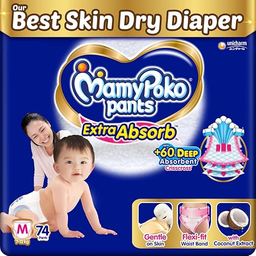 MamyPoko Pants Extra Absorb Baby Diapers, Medium (M size) | 7-12 kg | 74 Count