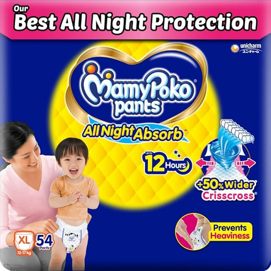 Mamypoko Pants All Night Absorb – XL Pant-Style Baby Diapers, 54 Count