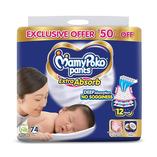 MamyPoko Pants Extra Absorb Baby Diapers | New Born (NB) | 74 Count - (Upto 5 kg)