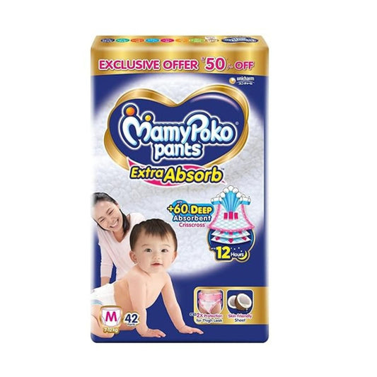 MamyPoko Pants Extra Absorb Baby Diapers, Medium (M size) 7-12 kg, 42 Count