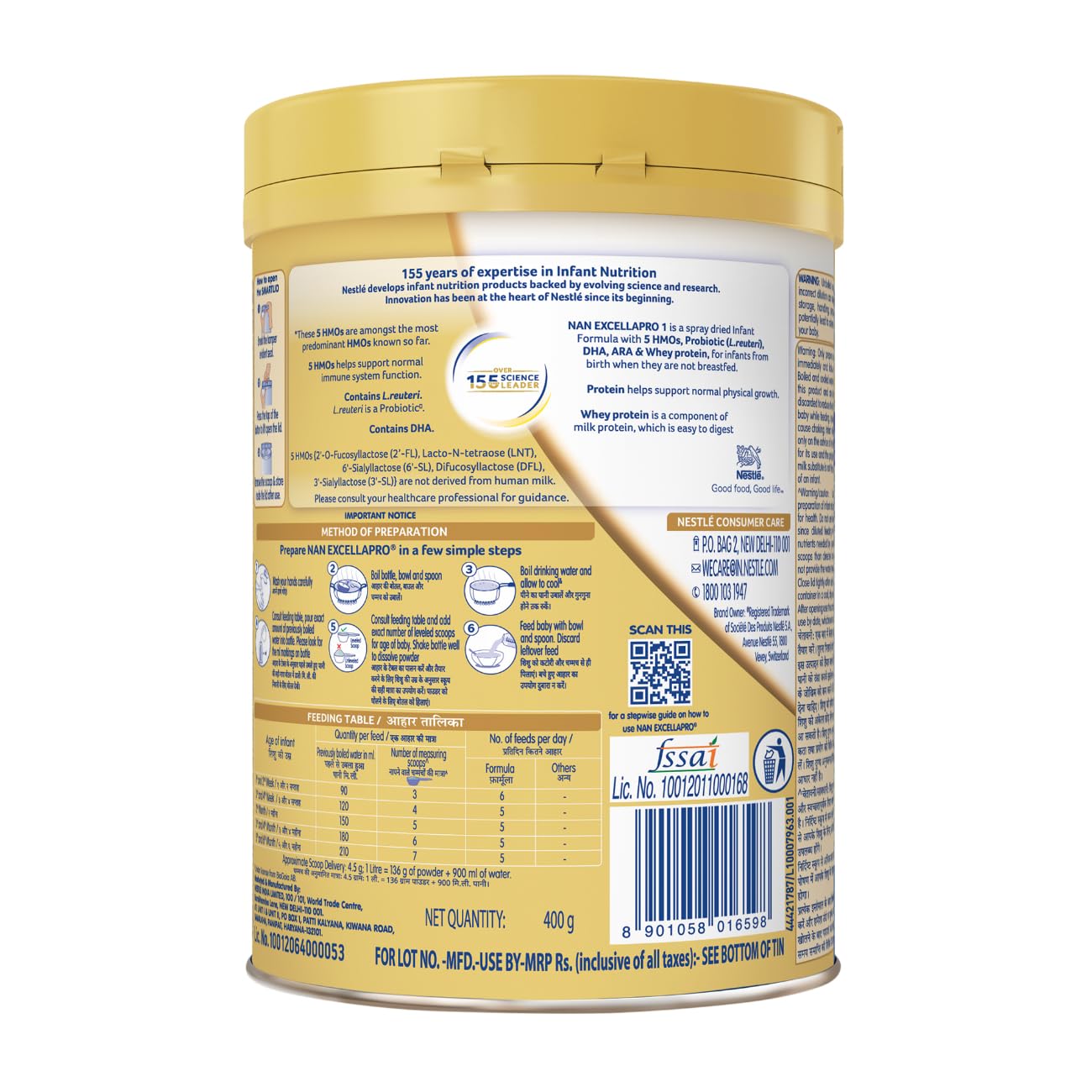 Nestle EXCELLAPRO Stage 1 Milk Powder with HMOs & Probiotic for Babies (Up To 6 Months), 400g Tin With Smartlid