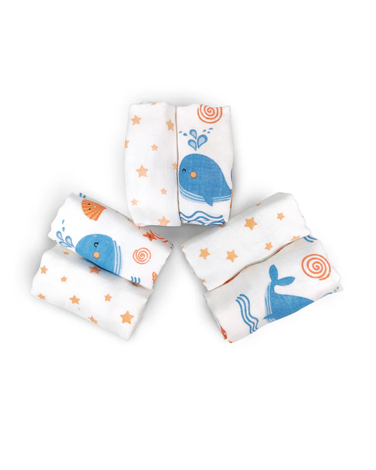 Nuluv Blue Whale Wash Cloths-Multipurpose Use-For 0-6 Months - Pack of 6