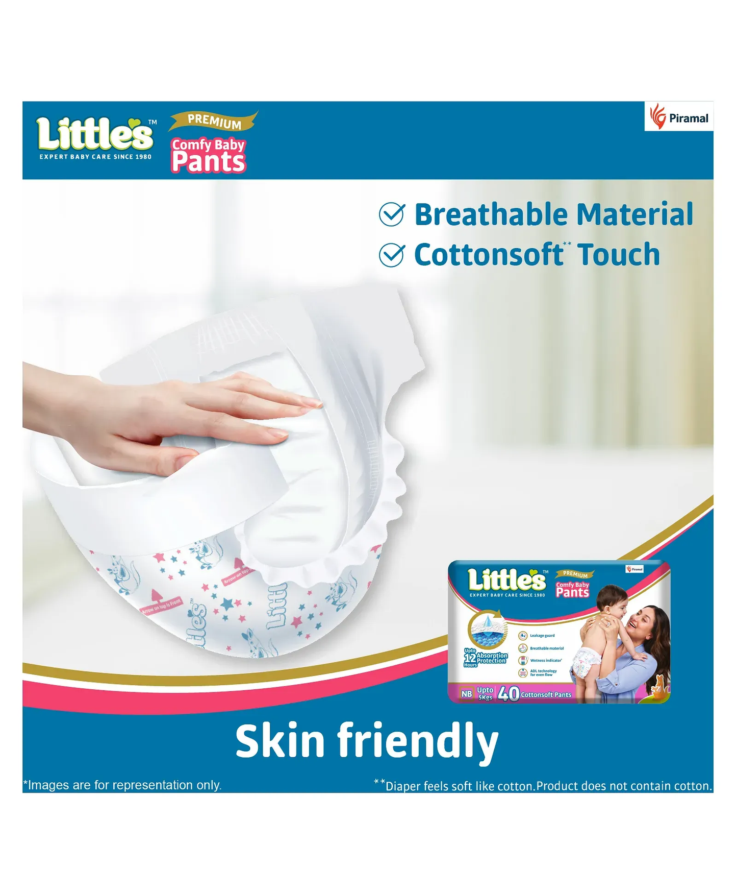 Little's Comfy Baby Pants Diapers New Born Size with Wetness Indicator and 12 hours Absorption, NB (40 count)