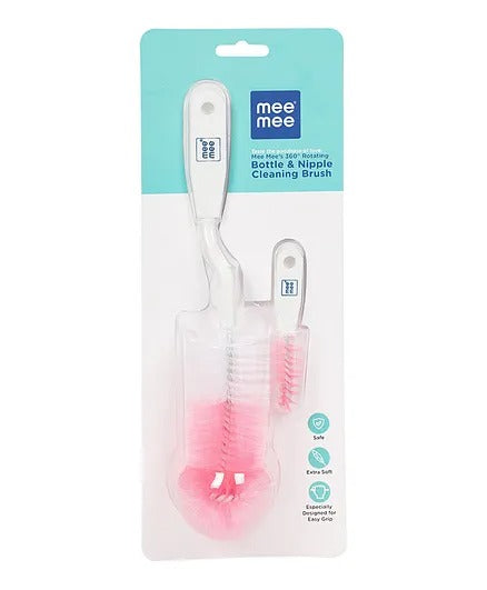 Mee Mee Easy Grip Bottle & Nipple Cleaning Brush – 360° Rotating Handle, Soft Bristles, BPA-Free (Pink)