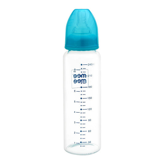 Mee Mee Premium Glass Feeding Bottle 240ml – Eazy-Flow, Anti-Colic Valve, Anti-Slip, BPA-Free (Blue)