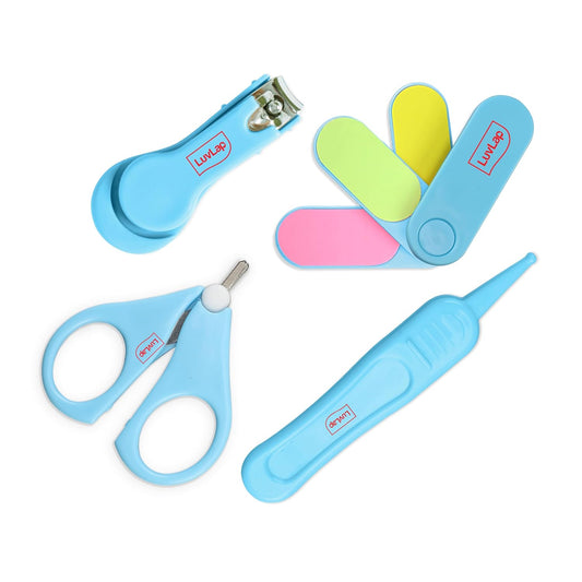LuvLap 4-in-1 Baby Nail Grooming Kit – Scissor, Clipper, Tweezer & Filer | Newborn Grooming Set, 0m+ (Blue, 4pcs)