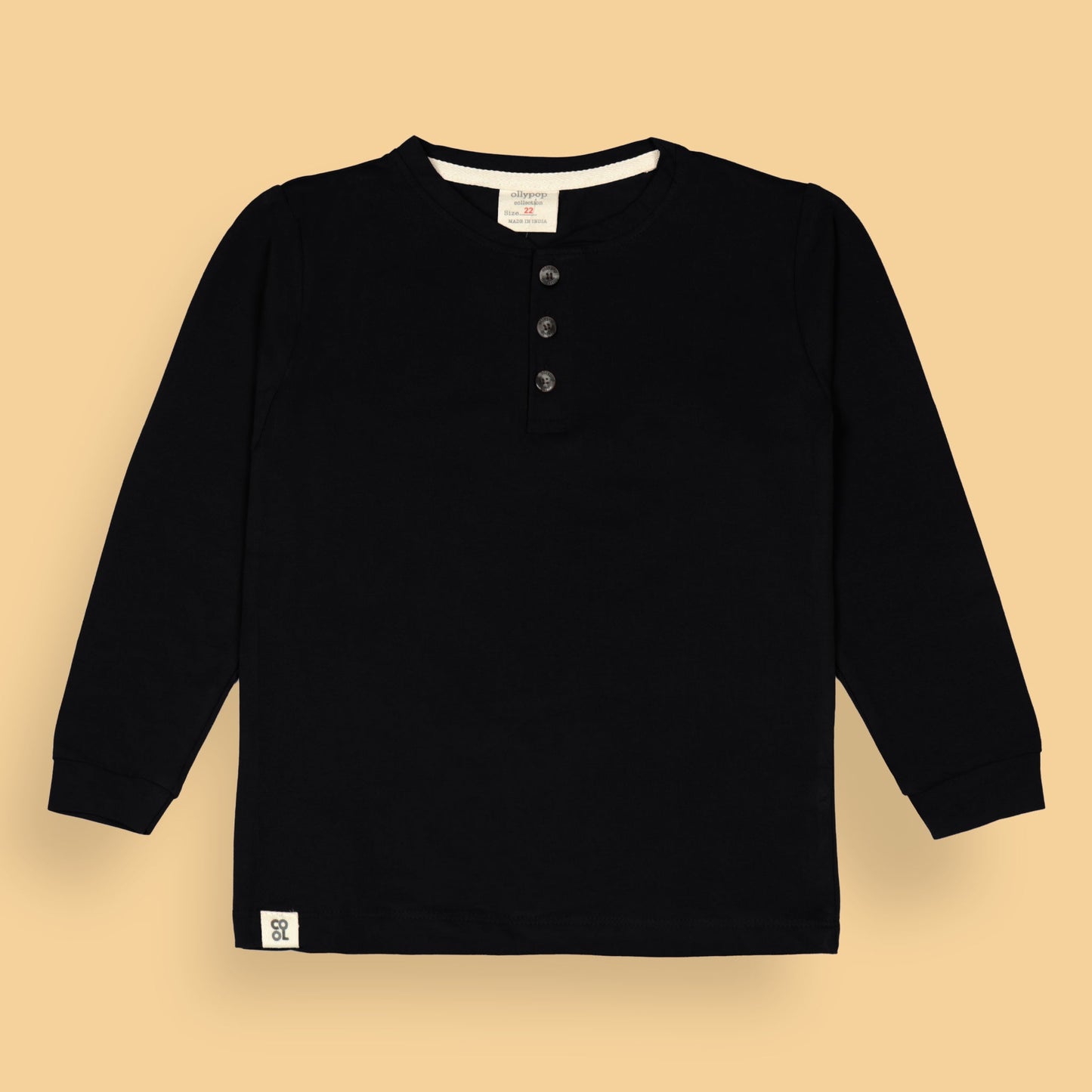 Ollypop Boys’ Solid Navy Blue Cotton T-Shirt – Full Sleeves, Round Neck with Buttons, Essential Winter & Monsoon Wear