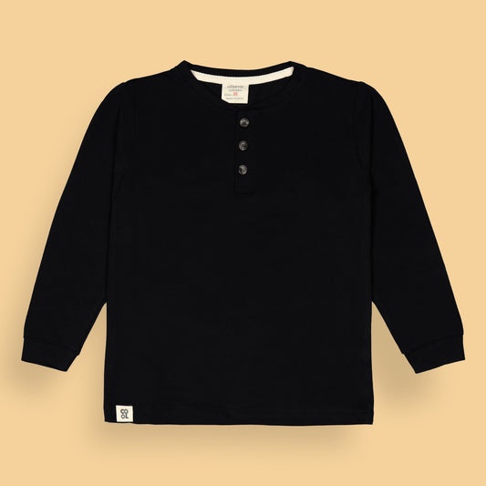 Ollypop Boys’ Solid Navy Blue Cotton T-Shirt – Full Sleeves, Round Neck with Buttons, Essential Winter & Monsoon Wear