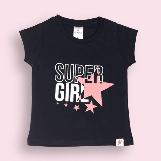 Ollypop Navy Blue Sinker Knit Top with Super Girl Print