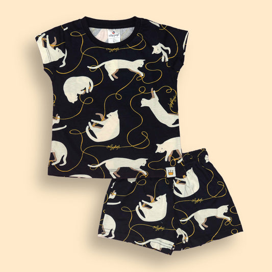Ollypop Navy Blue Sinker Knit Nightwear Set with Half Sleeves T-Shirt and Drawstring Shorts