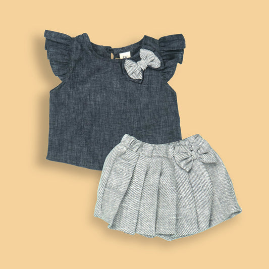 DW's Pretty Navy Blue Pleated Cap Sleeve -Length Skirt Set – Party & Fashion Wear
