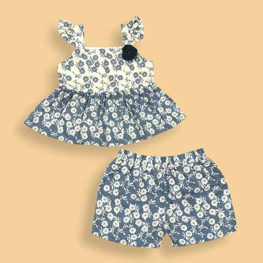 DW Navy Blue Cotton Girls Party Set with Sleeveless Square Neck Top and Knee-Length Shorts