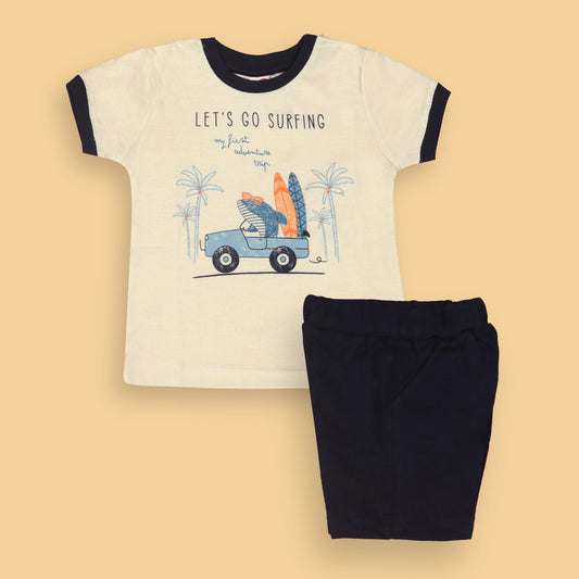 Zero Boys’ Breathable Navy Blue Set – Fun Shark, Car & Surfing Print Tee with Slip-On Mid-Thigh Shorts