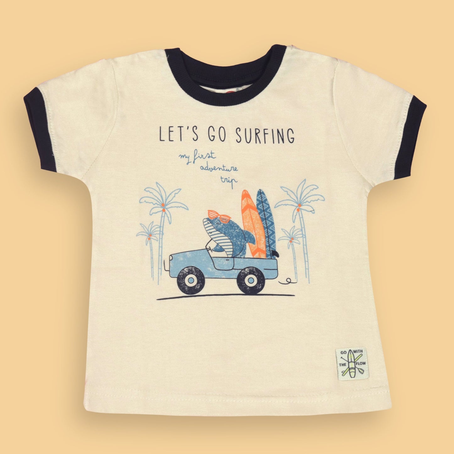 Zero Boys’ Breathable Navy Blue Set – Fun Shark, Car & Surfing Print Tee with Slip-On Mid-Thigh Shorts
