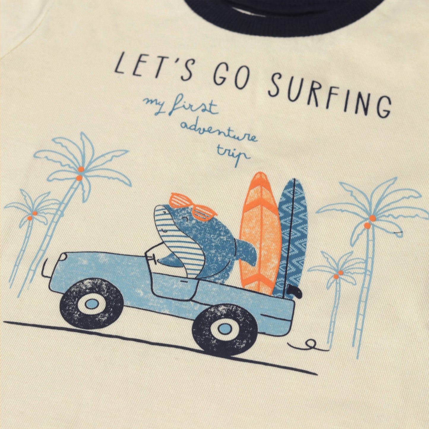 Zero Boys’ Breathable Navy Blue Set – Fun Shark, Car & Surfing Print Tee with Slip-On Mid-Thigh Shorts