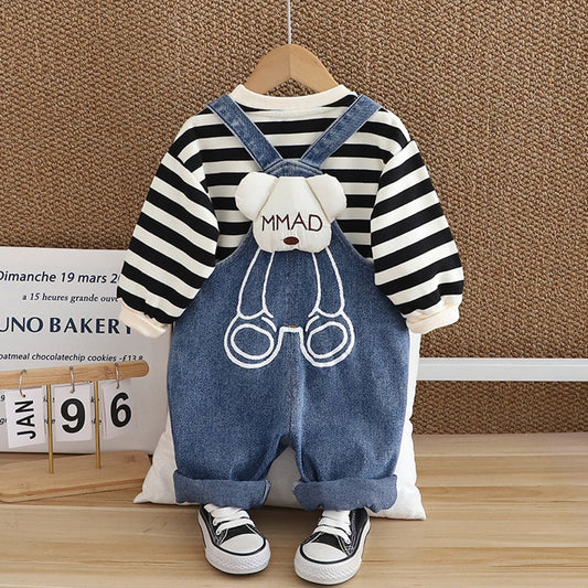 Boys Black Striped Sweatshirt With
 
 Denim Dungaree Set