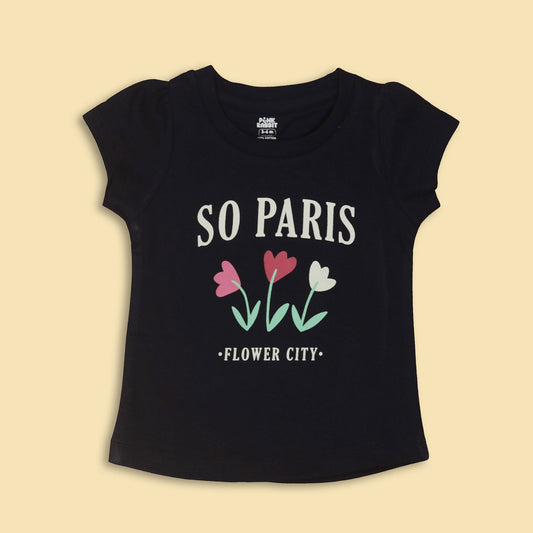 Pink Rabbit Girls Navy Blue Cotton Printed Cap Sleeve T-shirt