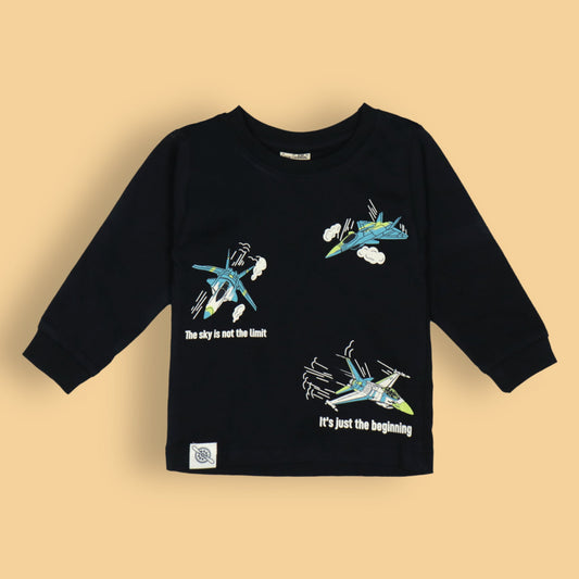 Navy Blue ‘The Sky is Not the Limit’ Tee by Cucumber – Boys’ Full Sleeves, Soft Cotton Blend, Outdoor Comfort