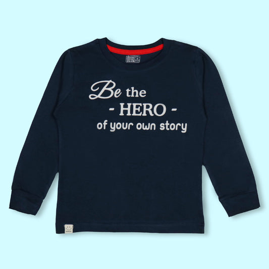 NIOMODA Boys’ Warm Essential – Navy Blue Full Sleeve Cotton Tee, Be the Hero of Your Own Story Motivational Print
