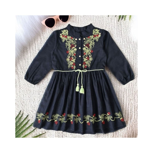 Bella Moda Girls Embroidered Cotton One-Piece Frock – Soft Full Sleeve, Mandarin Collar with Front Buttons – Essential, Smart Outdoor & Festival Wear