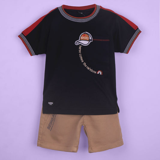 Playful Sport Print – Boys’ Navy Blue T-Shirt & Shorts Set