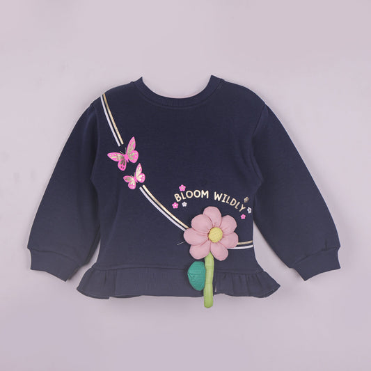 Bloom in Style – Girls’ Navy Blue Round Neck Sweatshirt