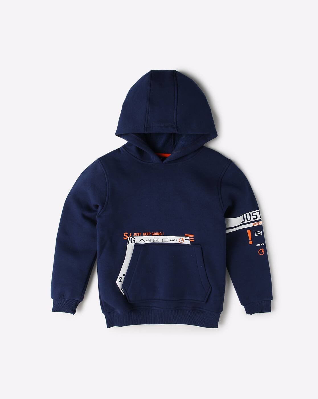 Cool & Playful – Boys’ Navy Blue Hoodie with Text Detailing