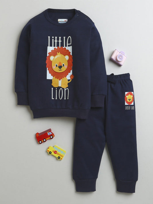 Little lions rule in Bumzee’s cozy, stylish navy sweatshirt & joggers for winter days!