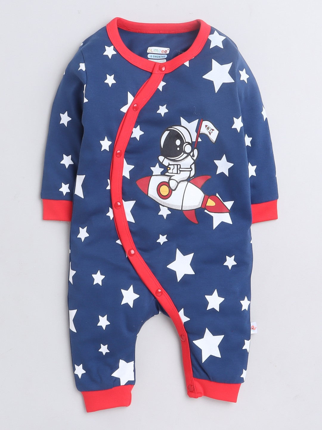 Bumzee’s full-length romper: comfy cotton, snap closures, and vibrant navy blue style!