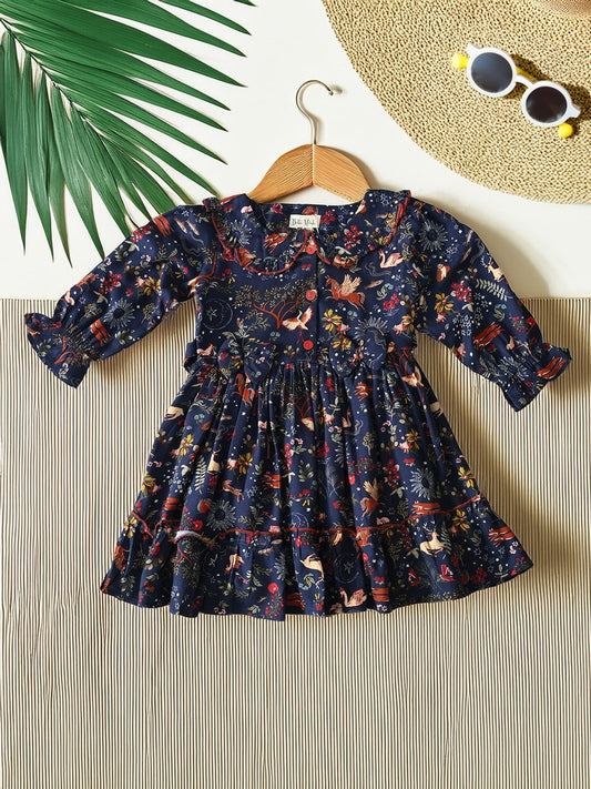 Mini Starlet: Navy Blue Printed Frock by Bella Moda