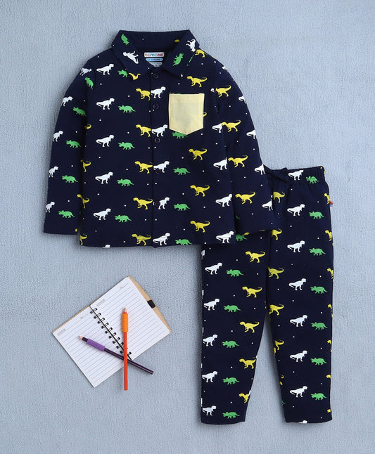 Bumzee Unisex Cotton Blend All Over Print Night Suit – Navy Blue
