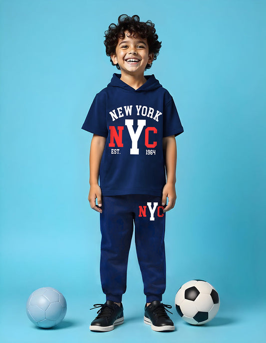 Trampoline Boy's Navy Blue Hooded 'NEW YORK' T-Shirt & Track Pant Set
