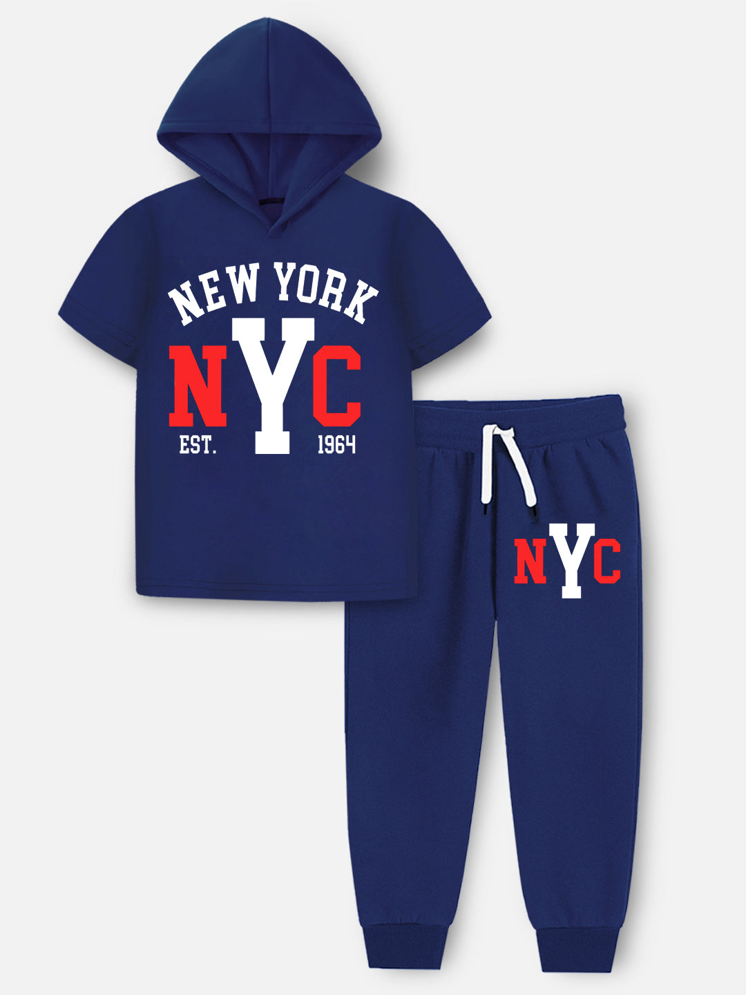 Trampoline Boy's Navy Blue Hooded 'NEW YORK' T-Shirt & Track Pant Set