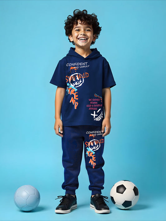 Trampoline Boy's Navy Blue Hooded T-Shirt & Pant Set (Graphic Print)