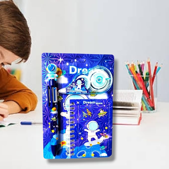 Pencil Space Stationery Set –  Eraser, Sharpener & Colors – Gift (Blue)