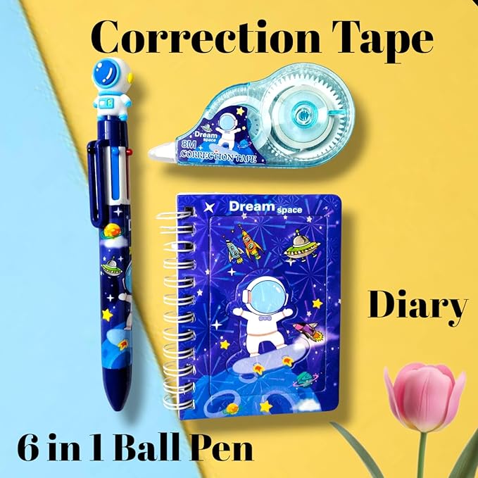 Pencil Space Stationery Set –  Eraser, Sharpener & Colors – Gift (Blue)