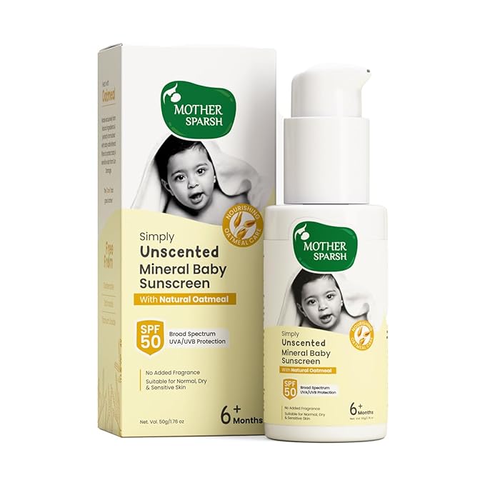 Mother Sparsh Simply Unscented Mineral Baby Sunscreen, Natural Oatmeal, SPF 50, UVA/UVB Protection, Fragrance Free, 50g
