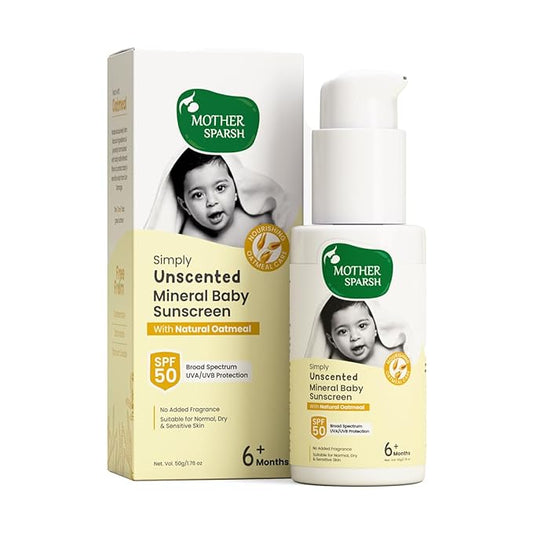 Mother Sparsh Simply Unscented Mineral Baby Sunscreen, Natural Oatmeal, SPF 50, UVA/UVB Protection, Fragrance Free, 50g