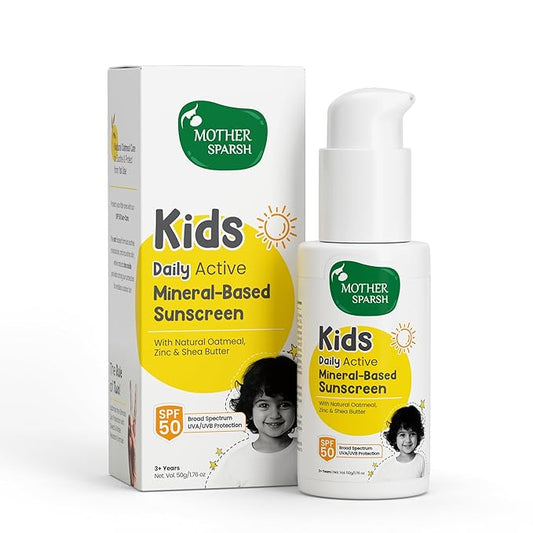 Mother Sparsh Kids & Babies Sunscreen, 50g, Natural Oatmeal & Zinc, SPF 50, Mineral-Based, Broad Spectrum UVA/UVB, Water & Sweat Resistant, 3+ Years