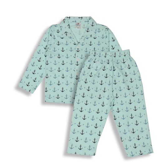 Cute Ollypop Baby Pink Sinker Knit Night Suit in Nautical Theme – Full Sleeves, Front Open, Anchors Print