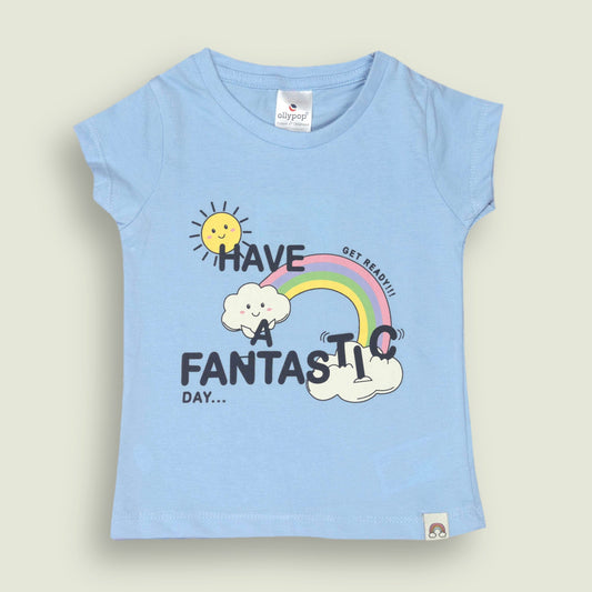 Ollypop Girls Sinker Knit Half Sleeves Top with Fun Slogan Print – Light Blue