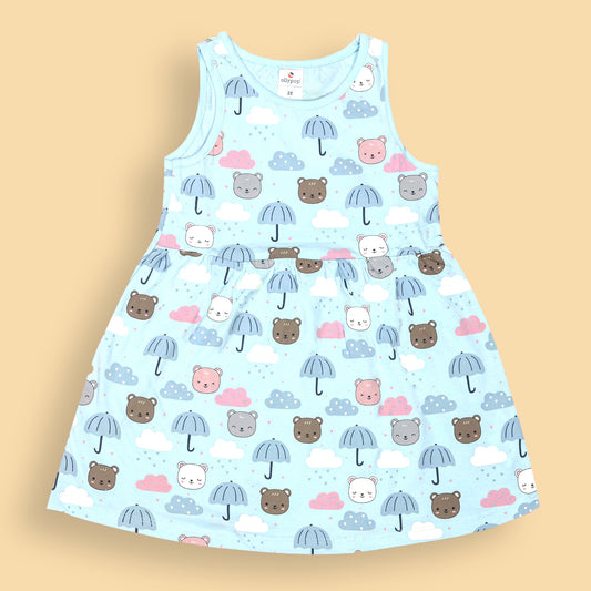 Ollypop Girls’ Light/Sky Blue Sleeveless Frock – Comfort+ Cotton One-Piece with Rainy Animated Teddy Bear Print