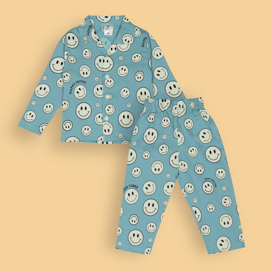 Ollypop Unisex Light Blue Full Sleeve Smiley Print Night Suit with Full Length Pyjamas