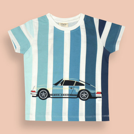 Ollypop Boys’ Striped Sinker Fabric T-Shirt – Light Blue, Half Sleeves, Car Print, Smart Outdoor & Sports Wear