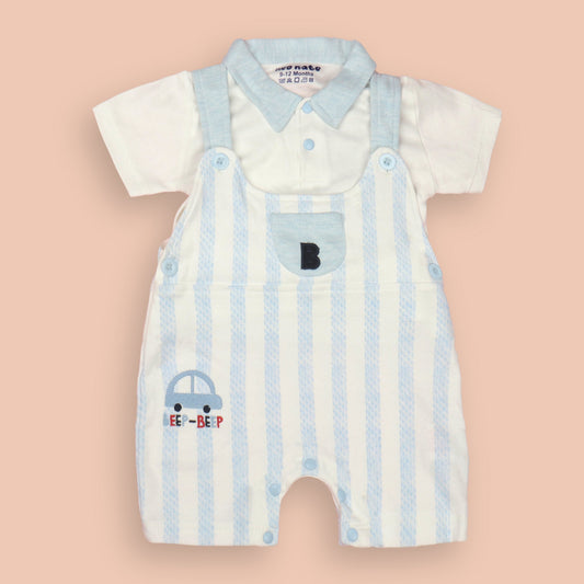 Featherlite Light Blue Dungaree – Cream, Short Sleeves, Polo Neck, Cute Car Embroidery