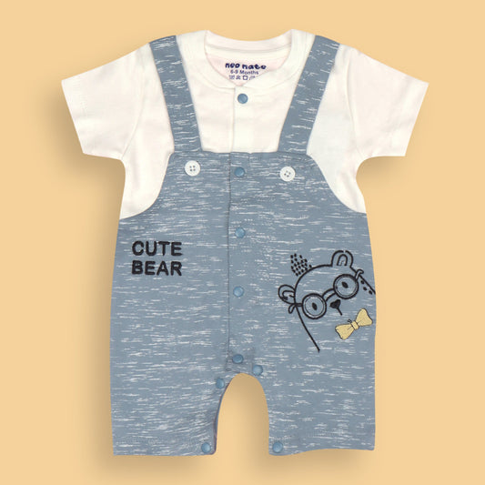 Neo Nate Light Sky Blue Soft Romper – Half Sleeve, Embroidered Teddy Bear, Snap Button, Perfect for Smart Outdoor & Parties