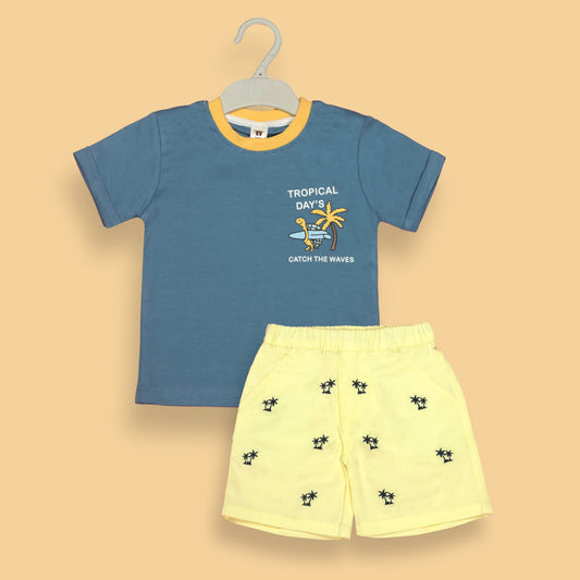 Toffyhouse Soft Touch Boys' Sky Blue Set – Beach Vibes Placement Print Tee with Front Snap Buttons & Elasticated Waist Shorts