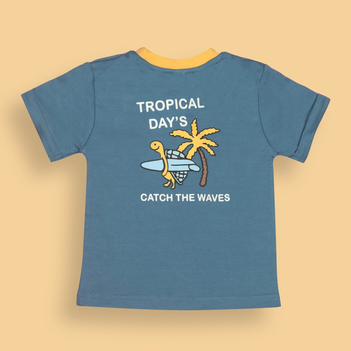 Toffyhouse Soft Touch Boys' Sky Blue Set – Beach Vibes Placement Print Tee with Front Snap Buttons & Elasticated Waist Shorts