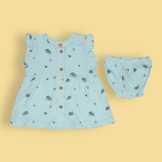 Zero's Sky-Blue Blossom Breeze: Summer Frock & Cozy Bloomer Set