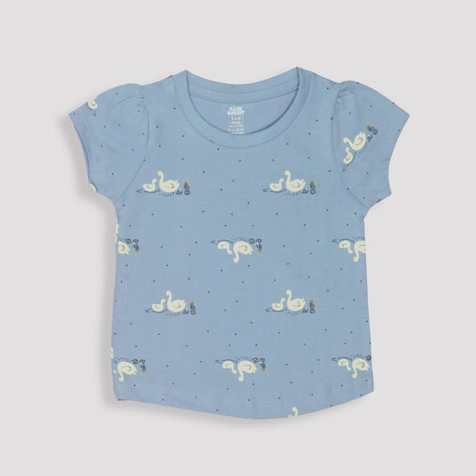 Pink Rabbit Girls Light Blue Cotton Printed Cap Sleeve T-shirt